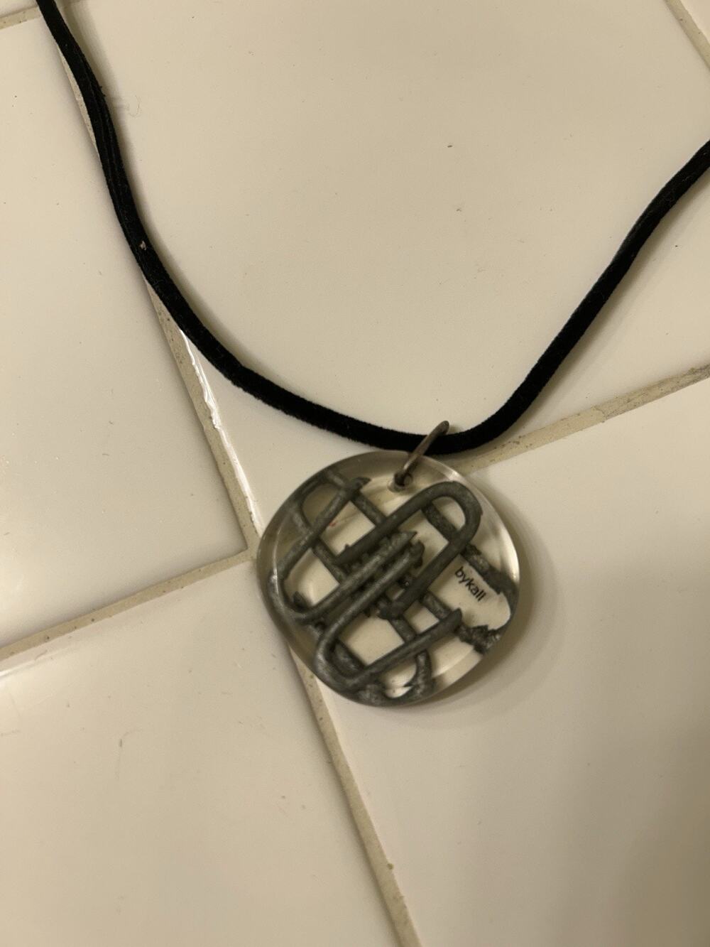 Black Cord Necklace With Clear Round Pendant Made W/ Nails Inside Lobster Clasp